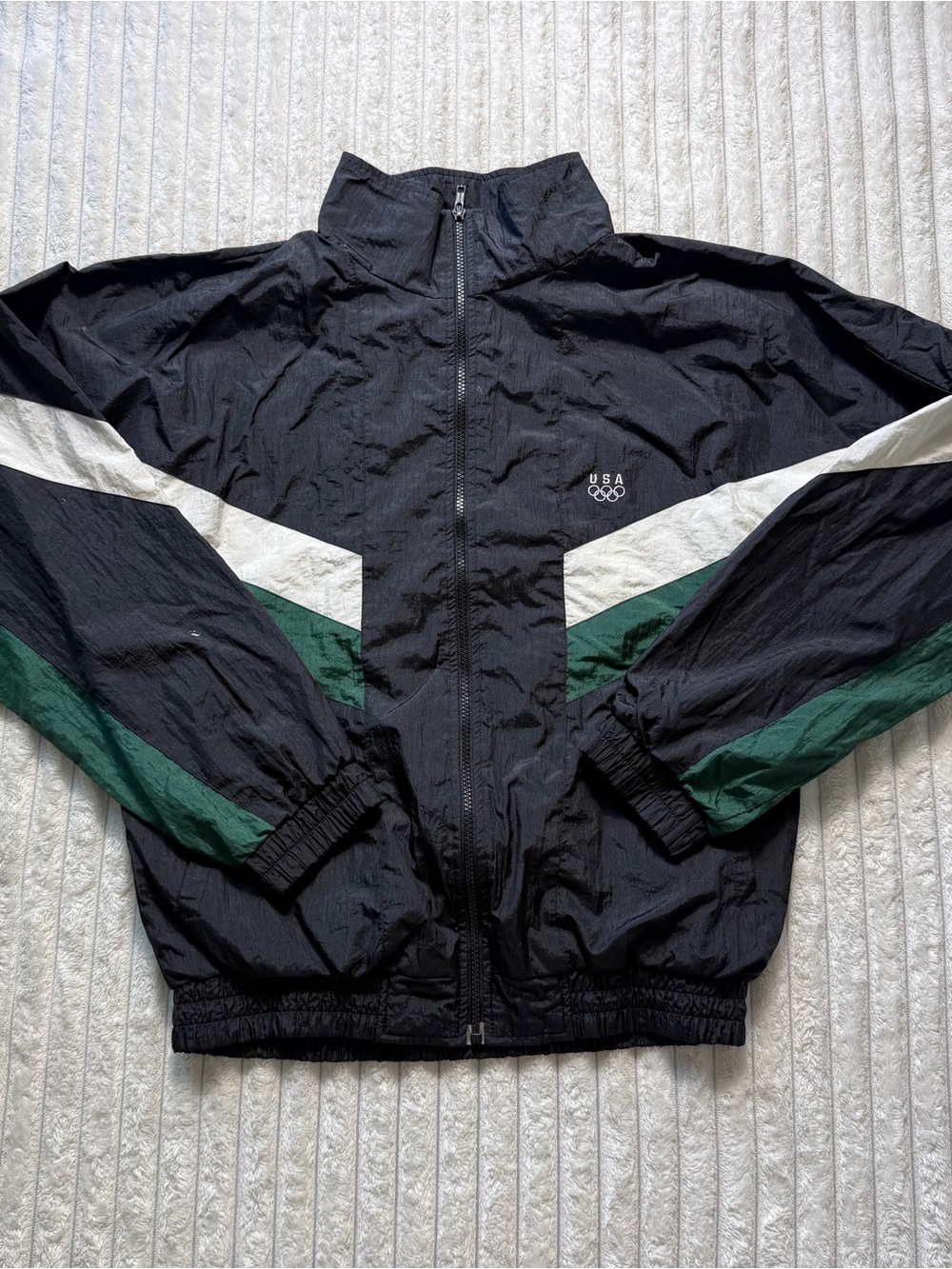 USA Olympics Logo Windbreaker Jacket Full Zip Lined Black White Green